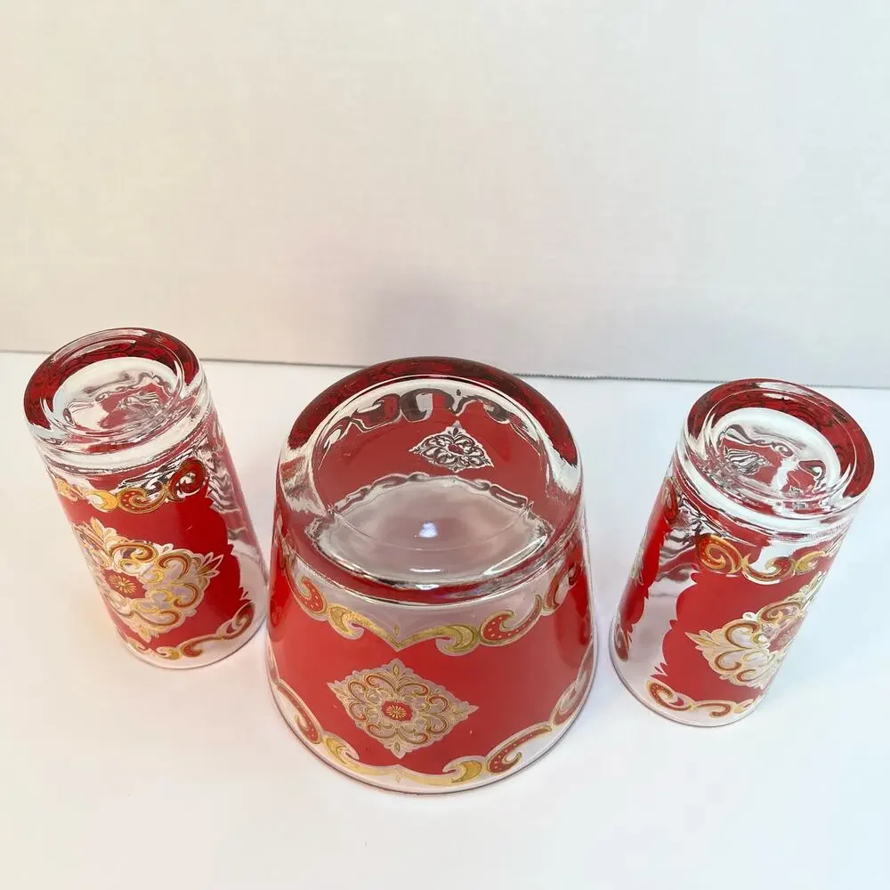 Starlyte Culver Red & 24K Gold Baroque Medallion Cocktail Ice Bucket & 2 Gasses